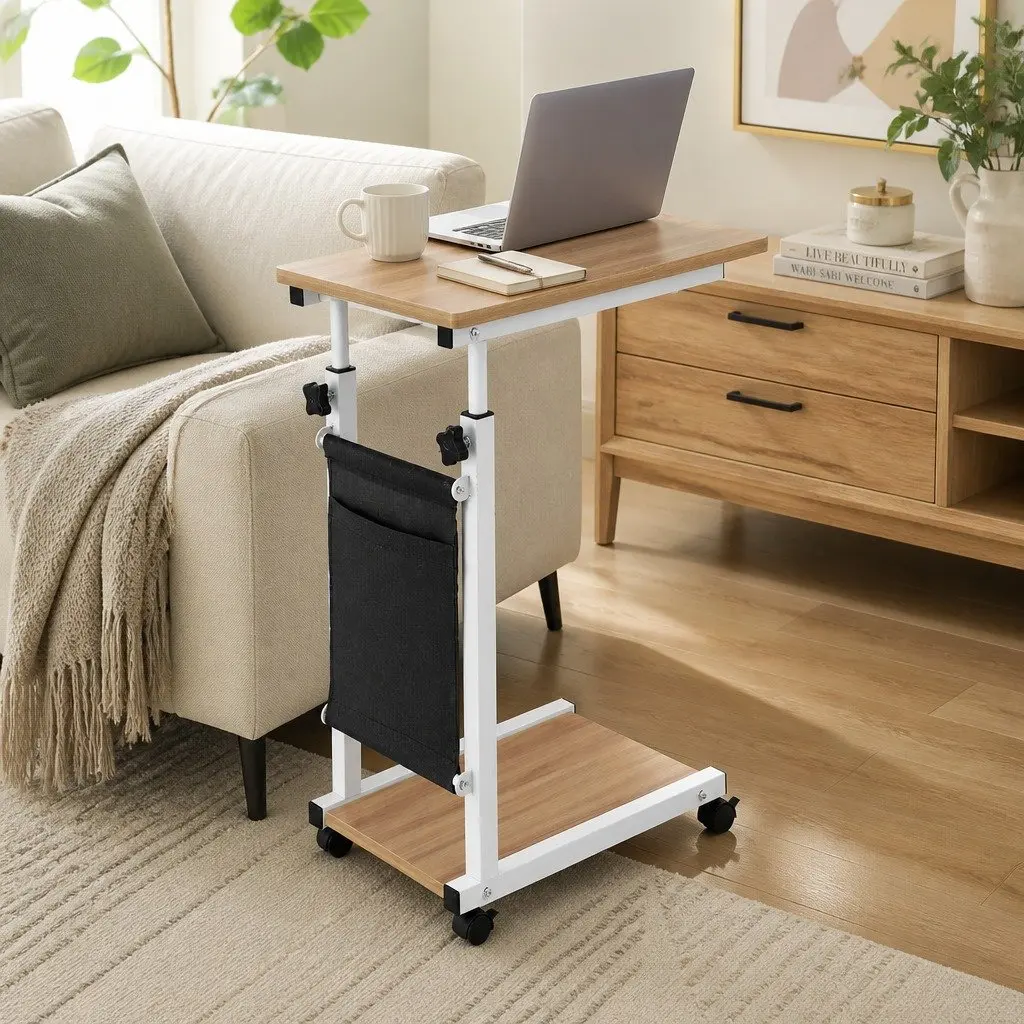 Mobile Laptop Desk Oak Height Adjustable C-shaped Metal Frame with Smooth Rolling Wheels