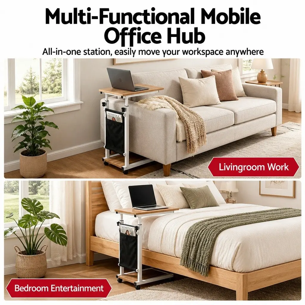 Mobile Laptop Desk Oak Height Adjustable C-shaped Metal Frame with Smooth Rolling Wheels