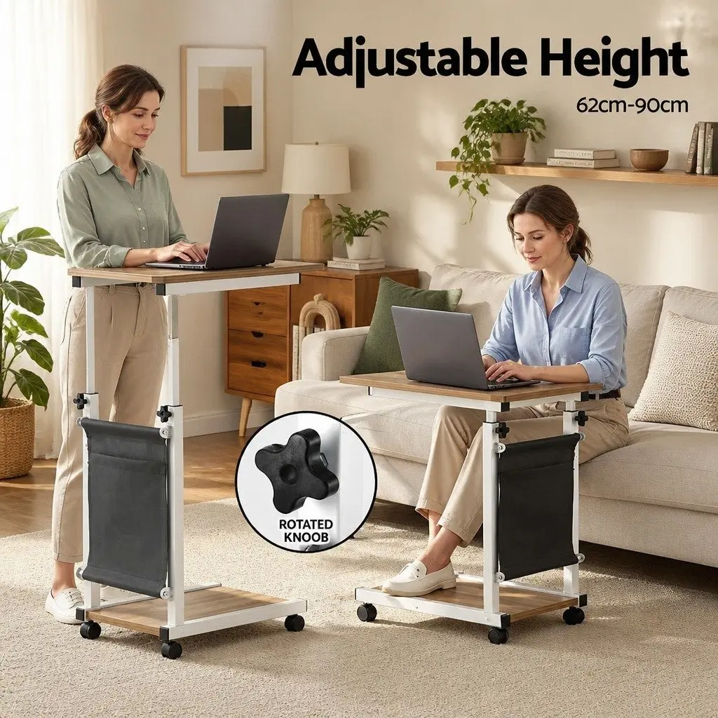 Mobile Laptop Desk Oak Height Adjustable C-shaped Metal Frame with Smooth Rolling Wheels