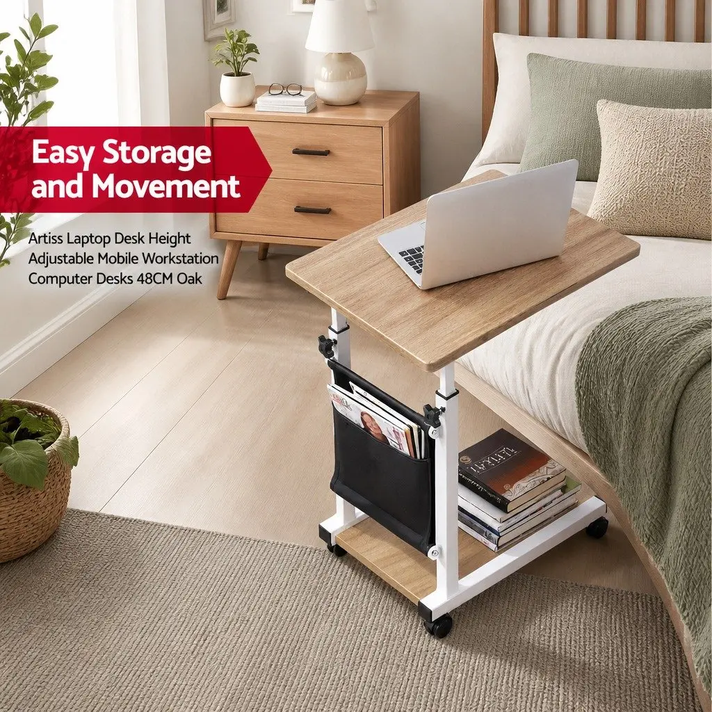 Mobile Laptop Desk Oak Height Adjustable C-shaped Metal Frame with Smooth Rolling Wheels