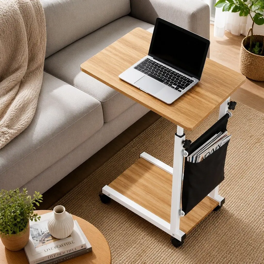 Mobile Laptop Desk Oak Height Adjustable C-shaped Metal Frame with Smooth Rolling Wheels
