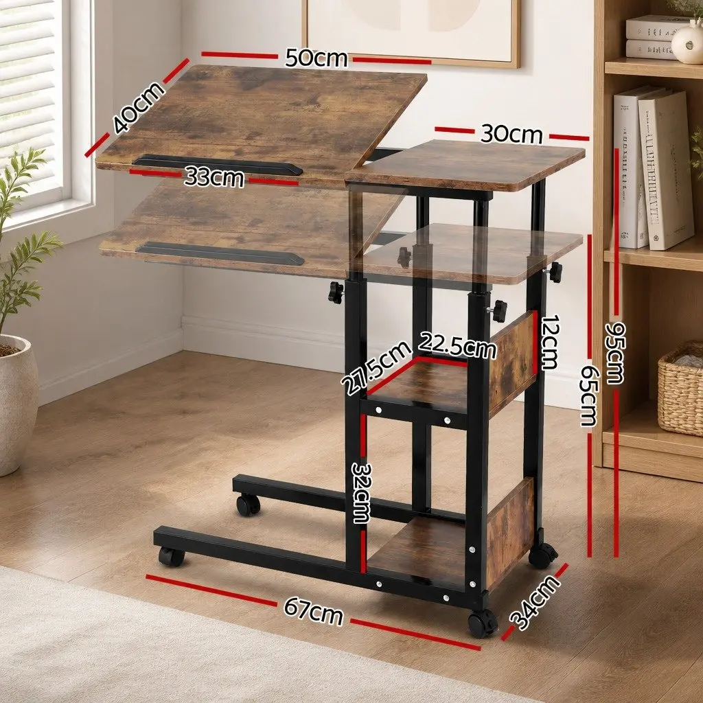 Adjustable Laptop Desk Brown 3 Tier Tiltable Mobile Side Table