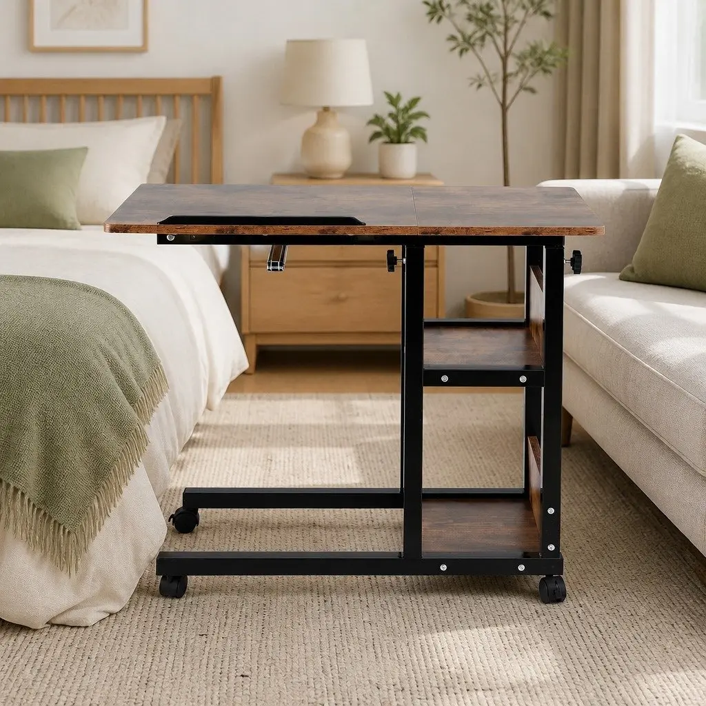 Adjustable Laptop Desk Brown 3 Tier Tiltable Mobile Side Table