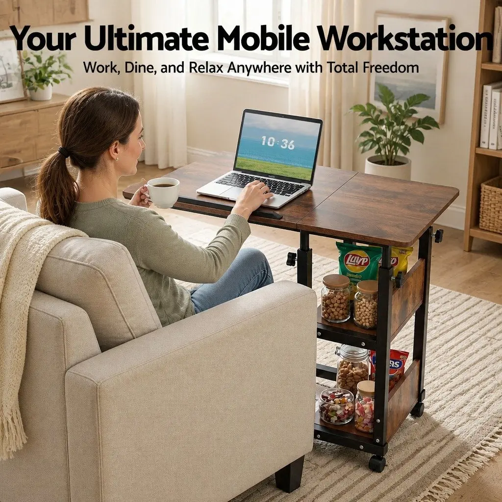 Adjustable Laptop Desk Brown 3 Tier Tiltable Mobile Side Table