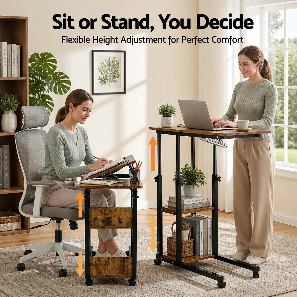 Adjustable Laptop Desk Brown 3 Tier Tiltable Mobile Side Table