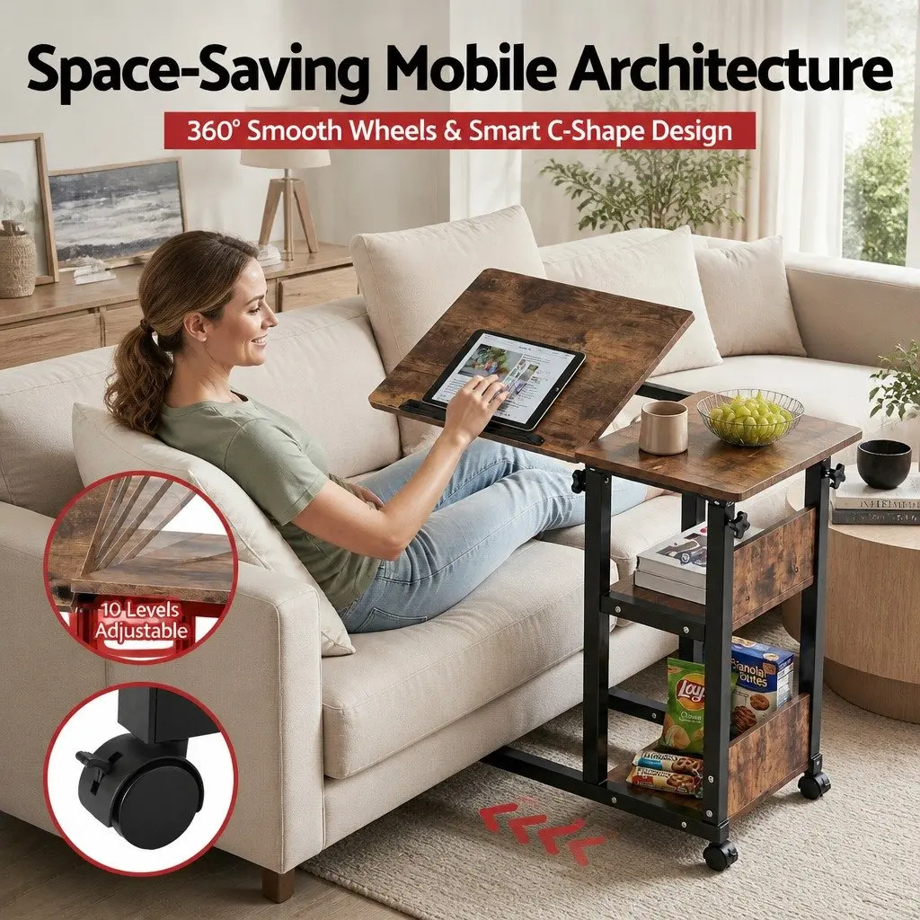 Adjustable Laptop Desk Brown 3 Tier Tiltable Mobile Side Table
