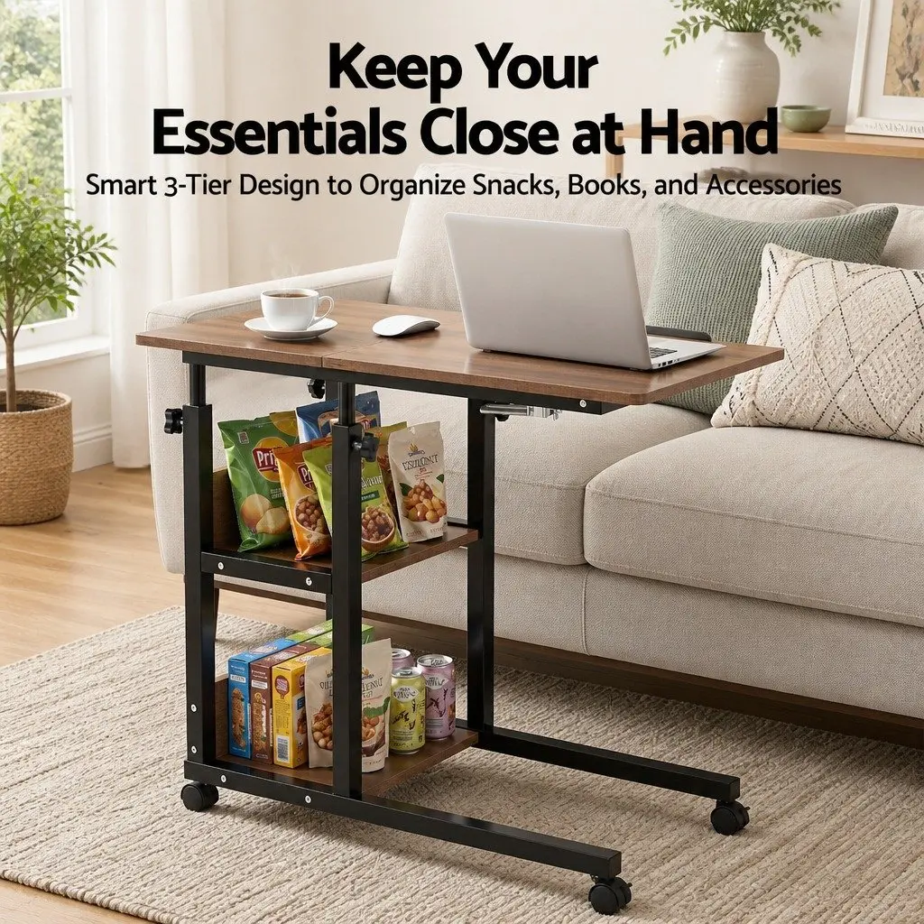 Adjustable Laptop Desk Brown 3 Tier Tiltable Mobile Side Table