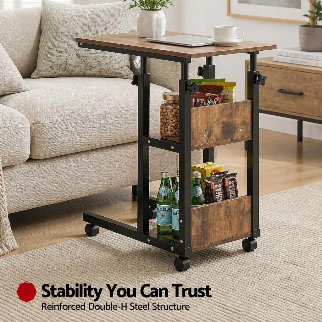Adjustable Laptop Desk Brown 3 Tier Tiltable Mobile Side Table