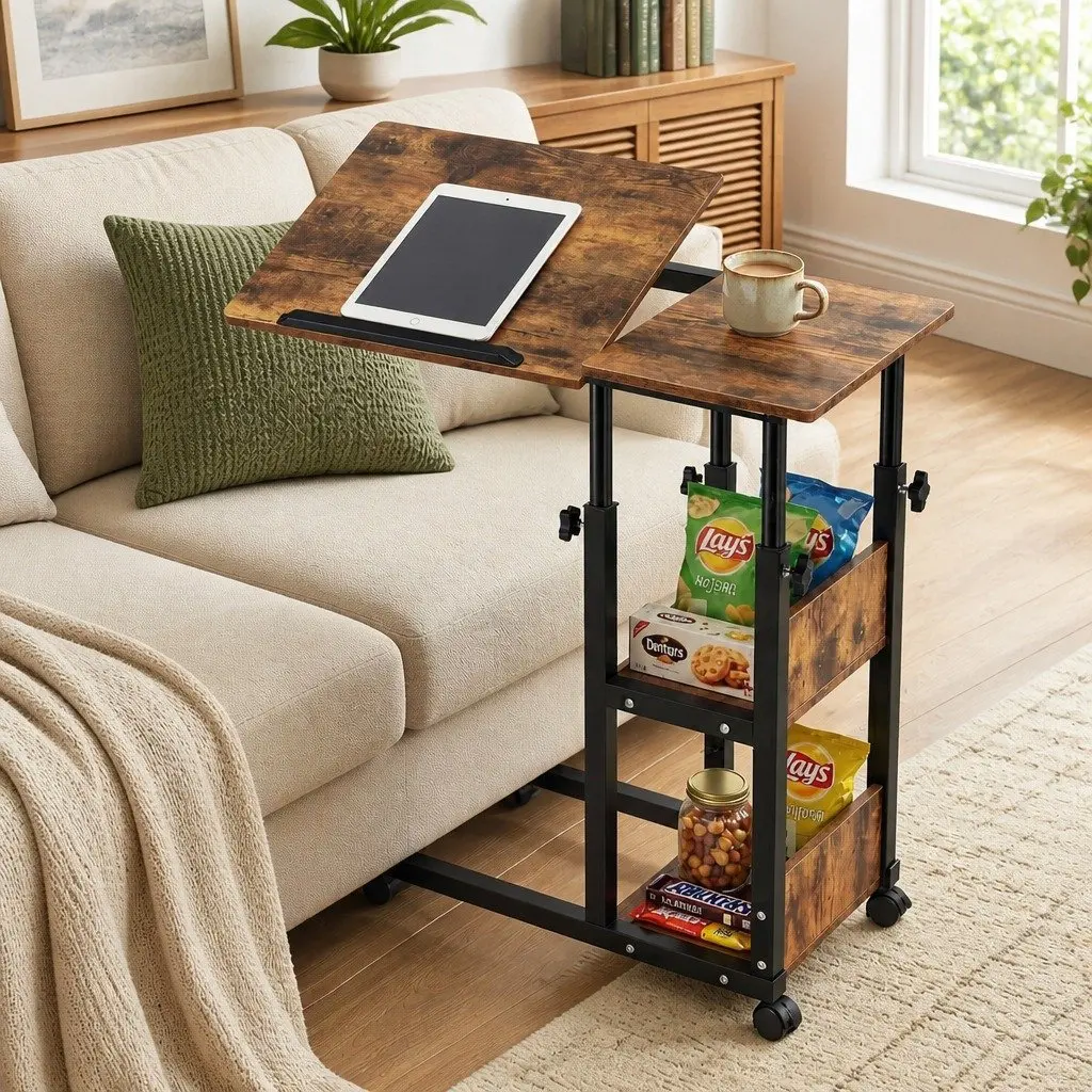 Adjustable Laptop Desk Brown 3 Tier Tiltable Mobile Side Table