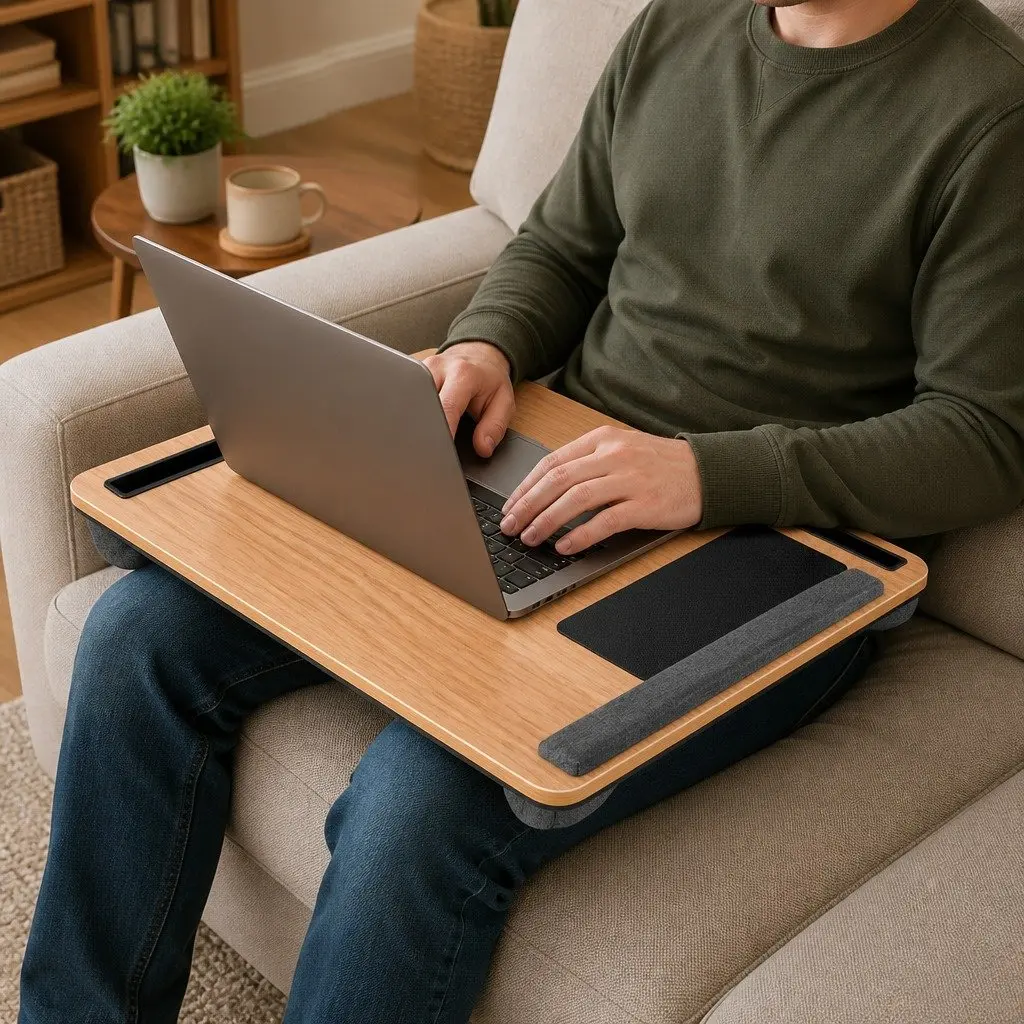 Lap Desk Walnut 55cm Portable with Wrist Rest Phone Slot Mouse Pad