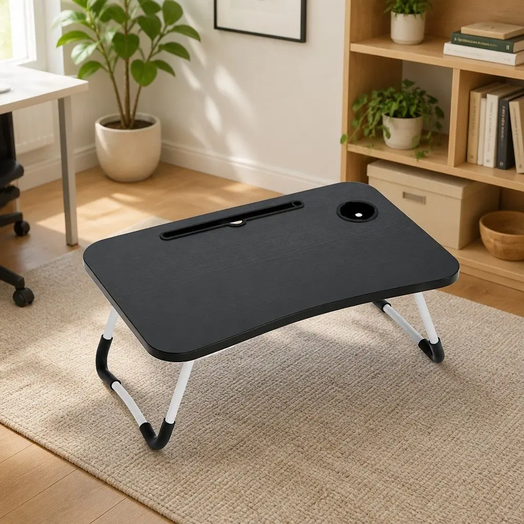 Laptop Stand Black Adjustable Foldable Portable with Cup Holder and Tablet Slot