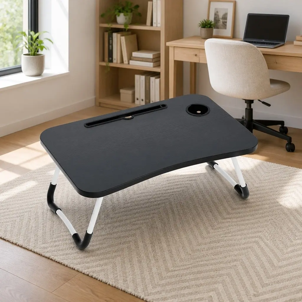 Laptop Stand Black Adjustable Foldable Portable with Cup Holder and Tablet Slot