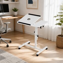 Mobile Laptop Desk Table 60CM White Adjustable Height Swivel Cooling Fan