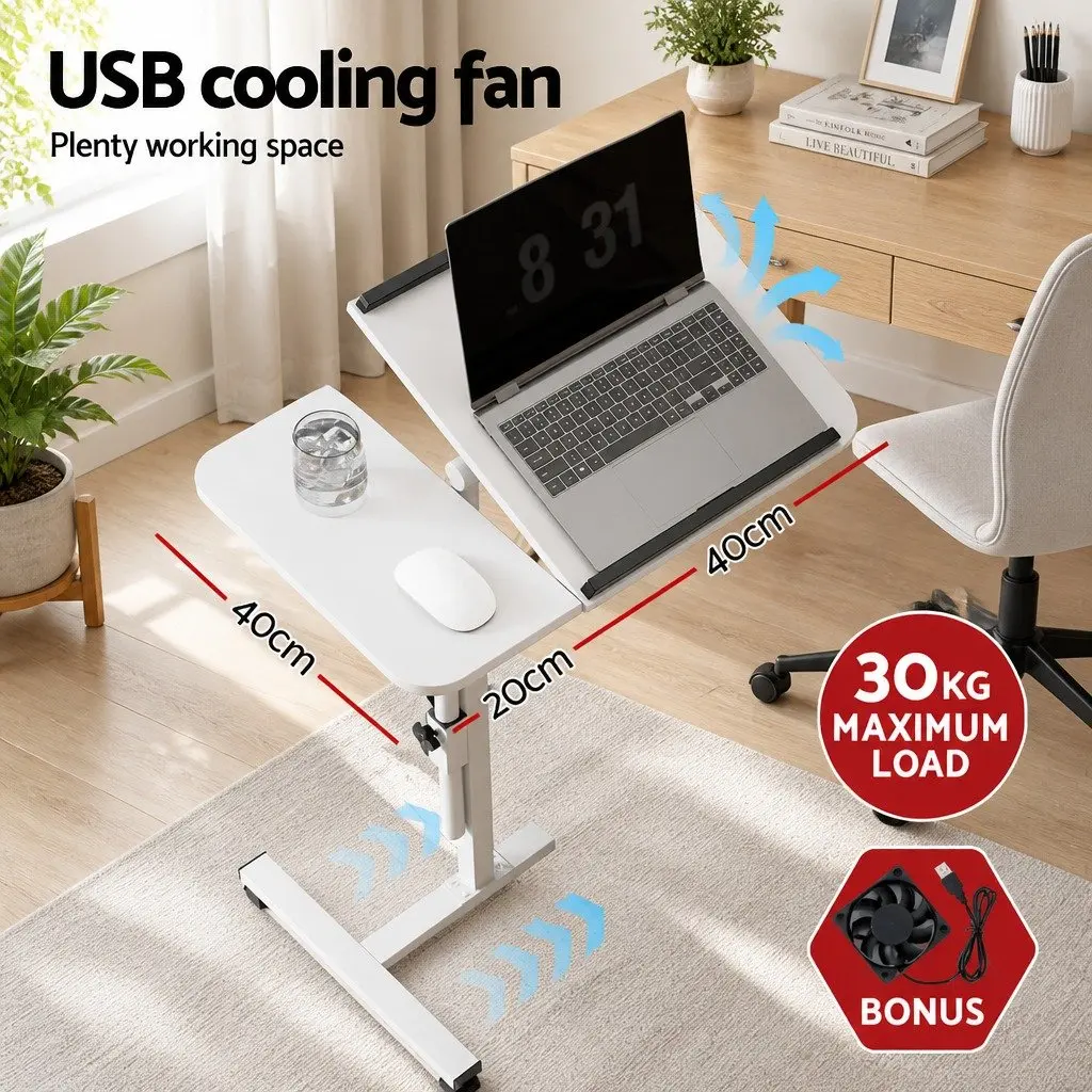Laptop Desk White 60CM Adjustable Height Swivel with Cooling Fan