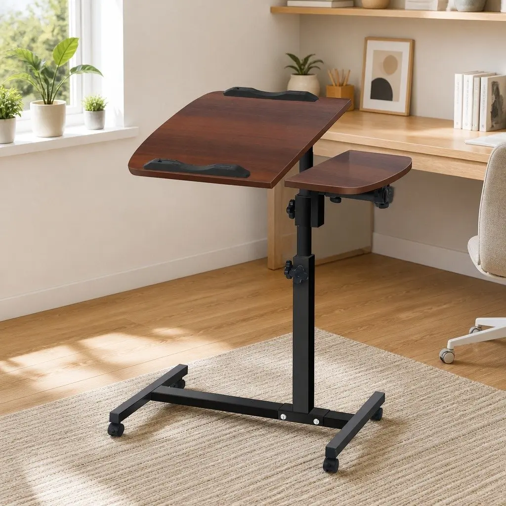 Laptop Stand Walnut Brown Adjustable Height 360° Rotating Tilt Lockable Wheels