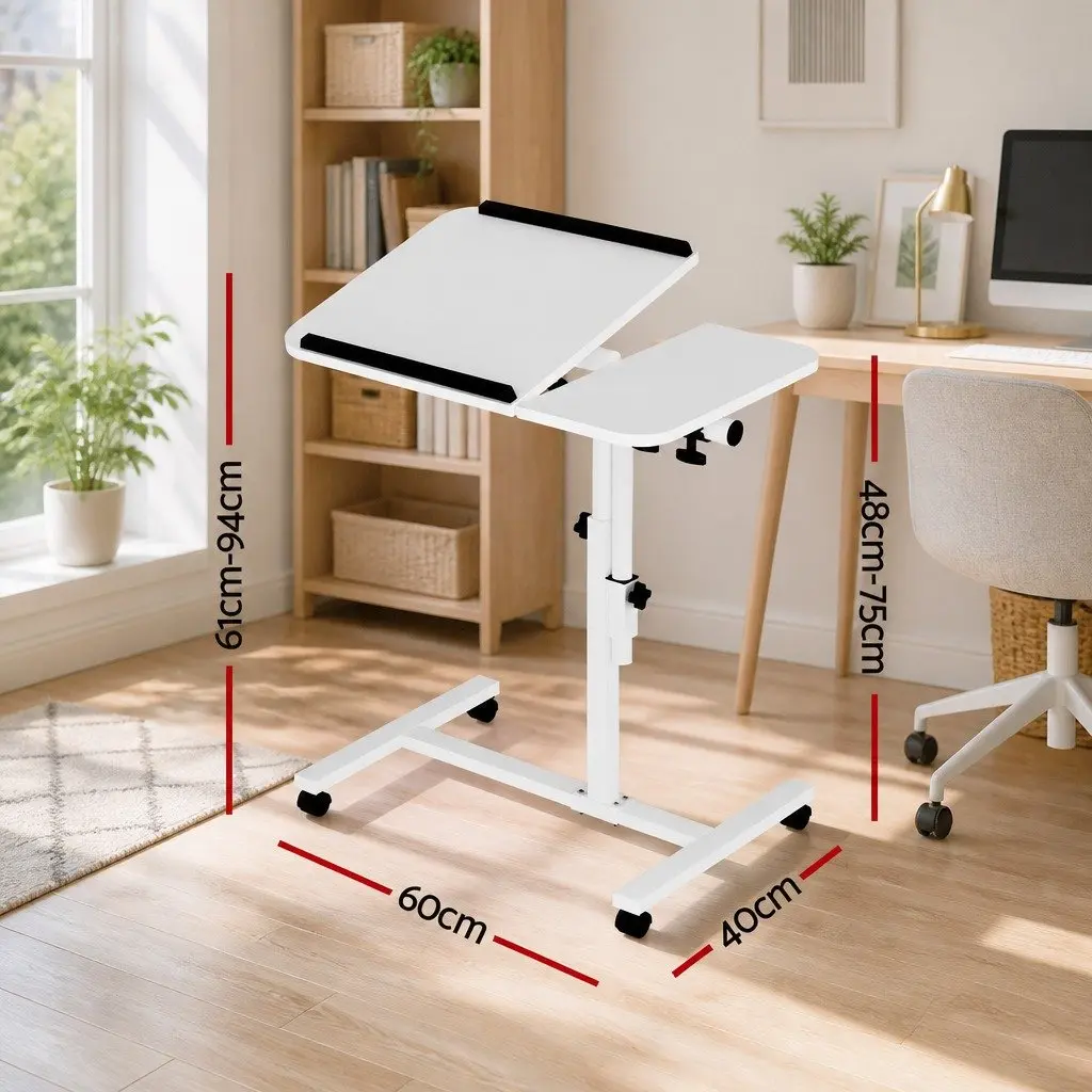 Laptop Stand White 60CM Adjustable Height Rotating Tilt Mobile with Wheels