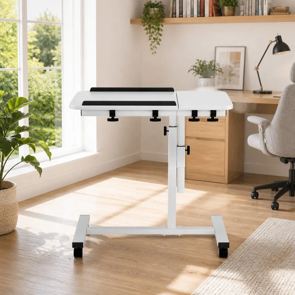 Laptop Stand White 60CM Adjustable Height Rotating Tilt Mobile with Wheels