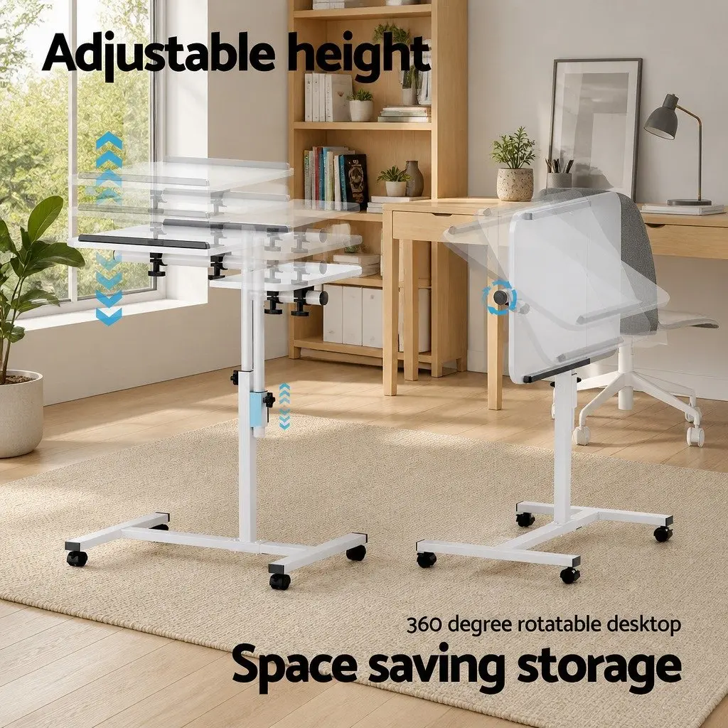 Laptop Stand White 60CM Adjustable Height Rotating Tilt Mobile with Wheels