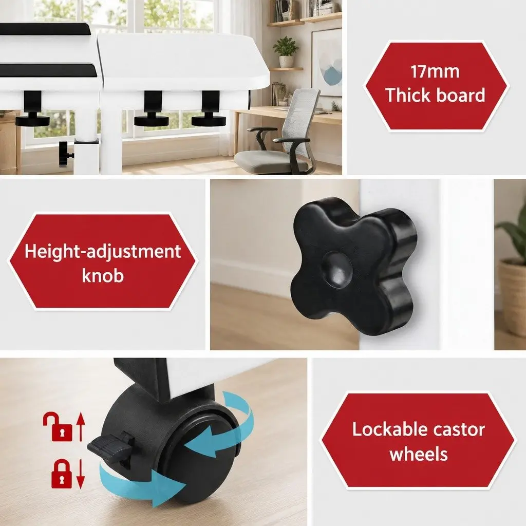 Laptop Stand White 60CM Adjustable Height Rotating Tilt Mobile with Wheels