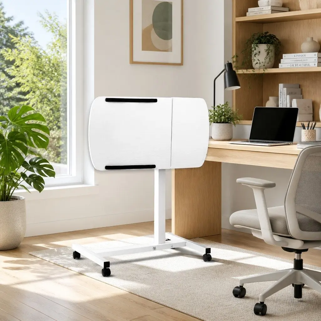 Laptop Stand White 60CM Adjustable Height Rotating Tilt Mobile with Wheels