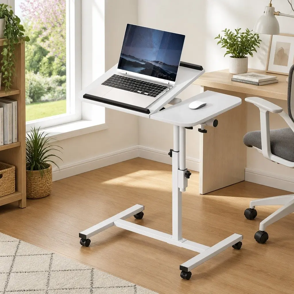 Laptop Stand White 60CM Adjustable Height Rotating Tilt Mobile with Wheels