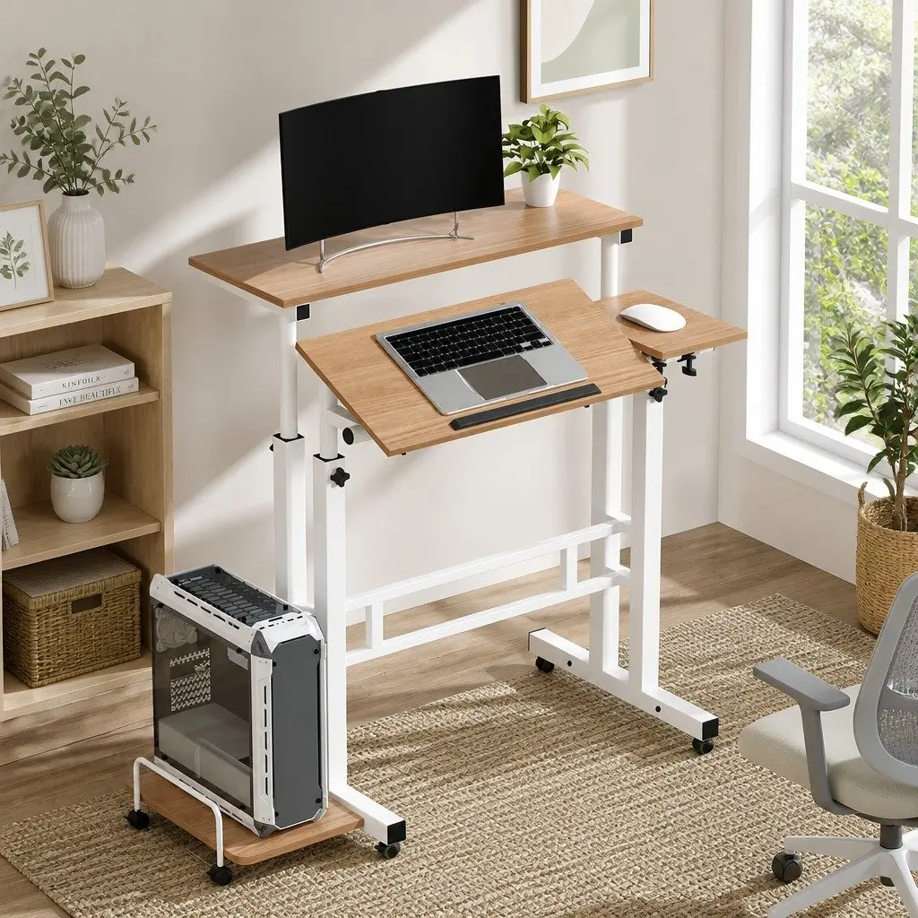 Mobile Desk Light Wood Adjustable Height Tilting Tabletop with Castor Wheels