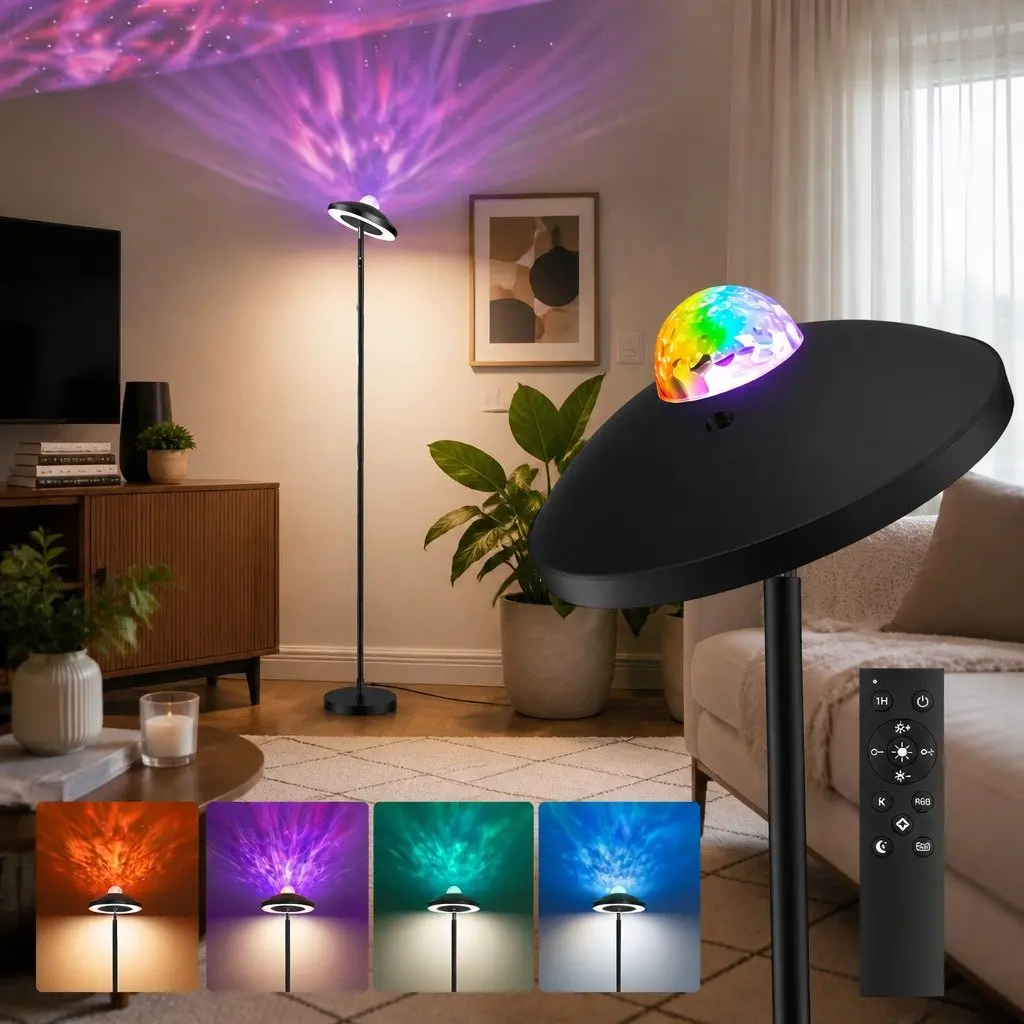 LED Floor Lamp Black 178cm Adjustable Torchiere with Galaxy Projector and Remote Control