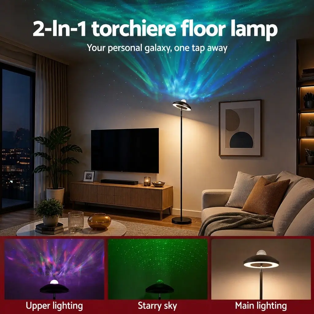 LED Floor Lamp Black 178cm Adjustable Torchiere with Galaxy Projector and Remote Control