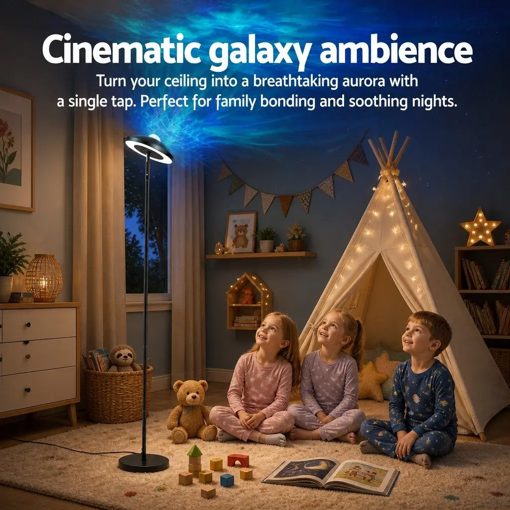 LED Floor Lamp Black 178cm Adjustable Torchiere with Galaxy Projector and Remote Control