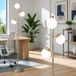 3-Light Floor Lamp 165cm Tall Standing Light Sphere Glass Shades Gold Modern