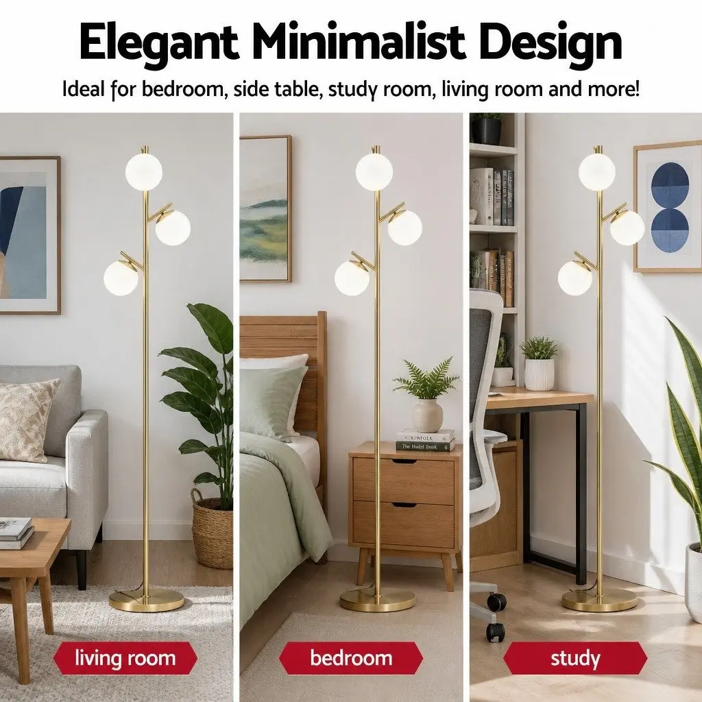 3-Light Floor Lamp 165cm Tall Standing Light Sphere Glass Shades Gold Modern