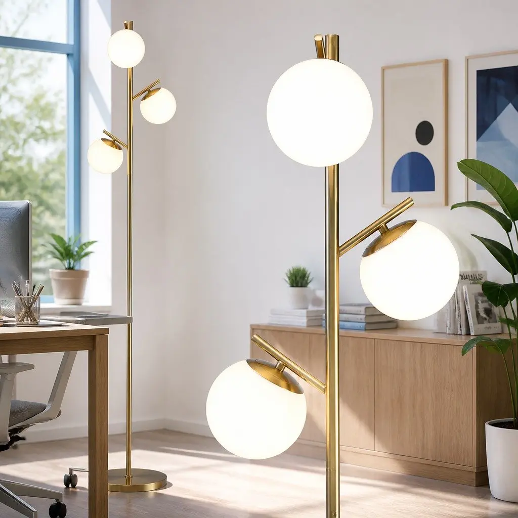 3-Light Floor Lamp 165cm Tall Standing Light Sphere Glass Shades Gold Modern