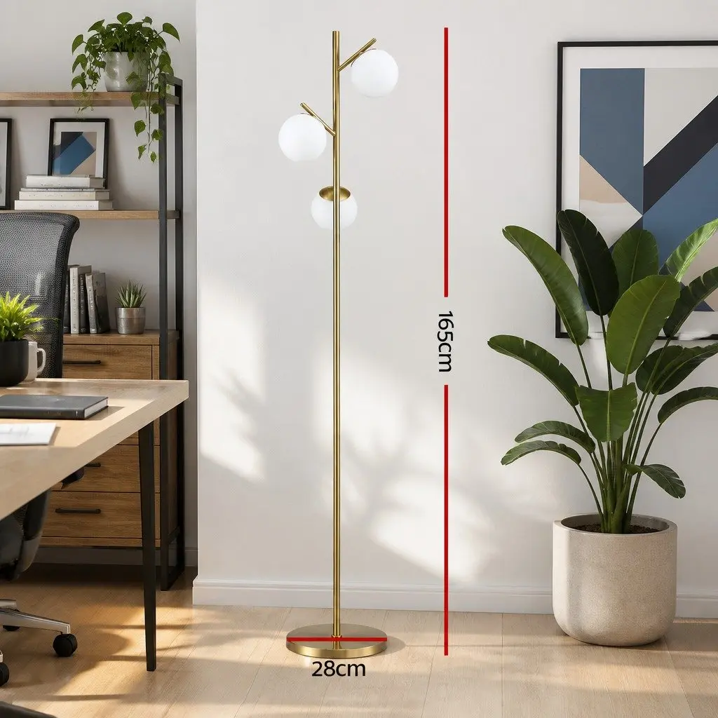 3-Light Floor Lamp 165cm Tall Standing Light Sphere Glass Shades Gold Modern