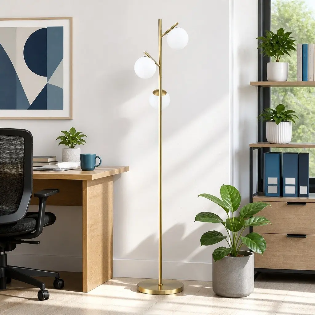 3-Light Floor Lamp 165cm Tall Standing Light Sphere Glass Shades Gold Modern