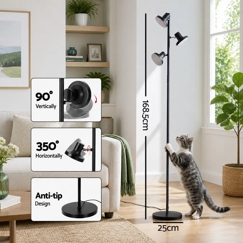 3-Head LED Floor Lamp Black 36W Dimmable Adjustable Spotlight Remote Control Touch Pole