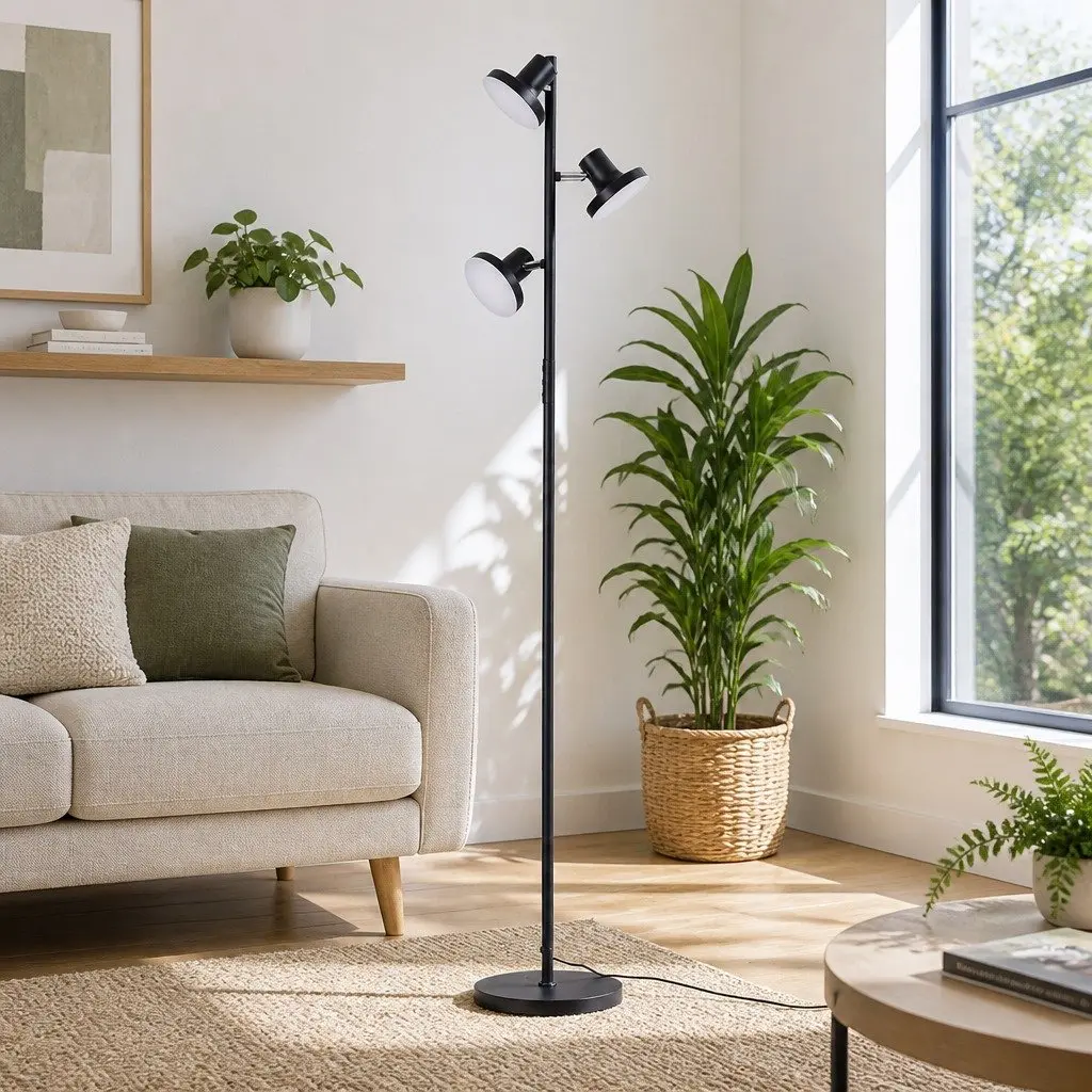3-Head LED Floor Lamp Black 36W Dimmable Adjustable Spotlight Remote Control Touch Pole