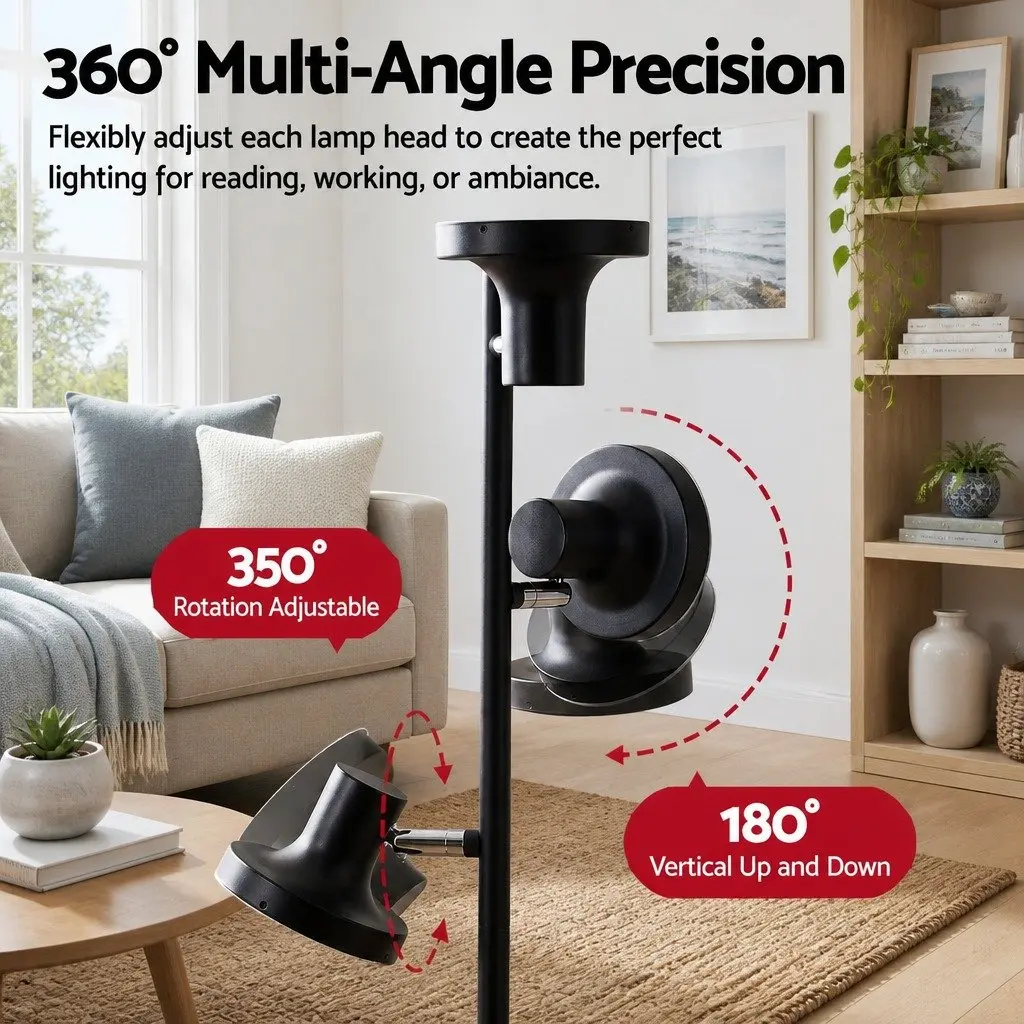 3-Head LED Floor Lamp Black 36W Dimmable Adjustable Spotlight Remote Control Touch Pole