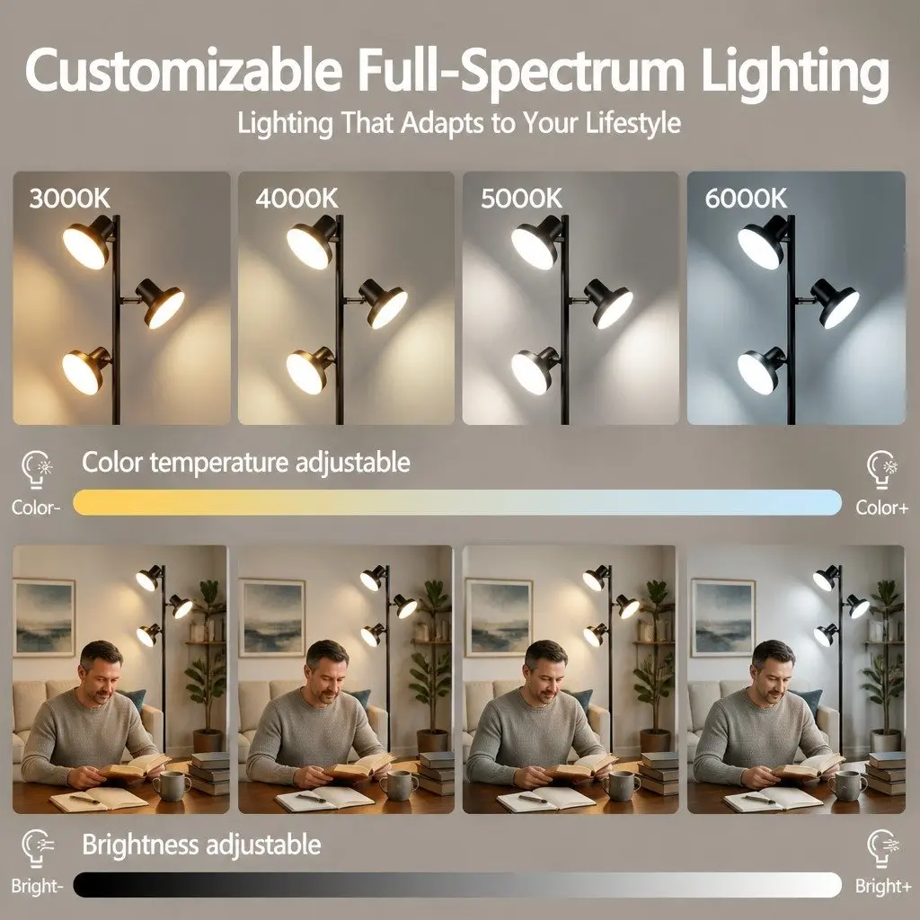 3-Head LED Floor Lamp Black 36W Dimmable Adjustable Spotlight Remote Control Touch Pole