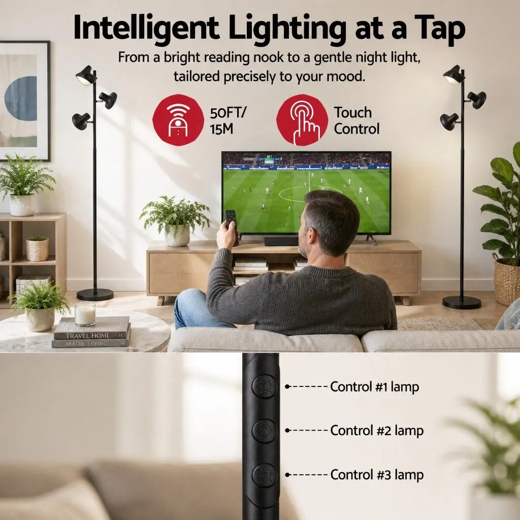3-Head LED Floor Lamp Black 36W Dimmable Adjustable Spotlight Remote Control Touch Pole