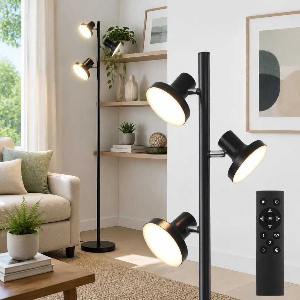 3-Head LED Floor Lamp Black 36W Dimmable Adjustable Spotlight Remote Control Touch Pole