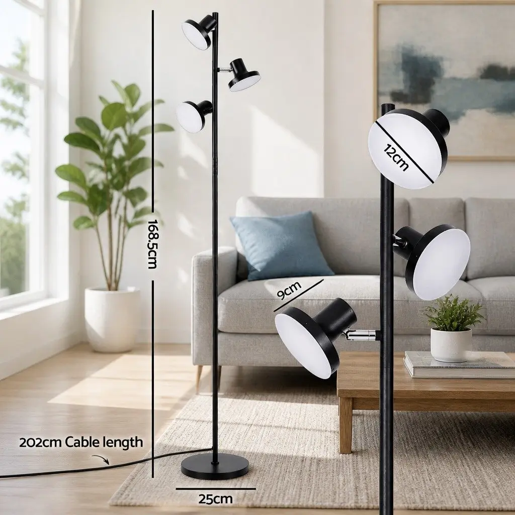 3-Head RGB LED Floor Lamp Black 1685mm Adjustable Heads Remote Control Color Changing Dimmable