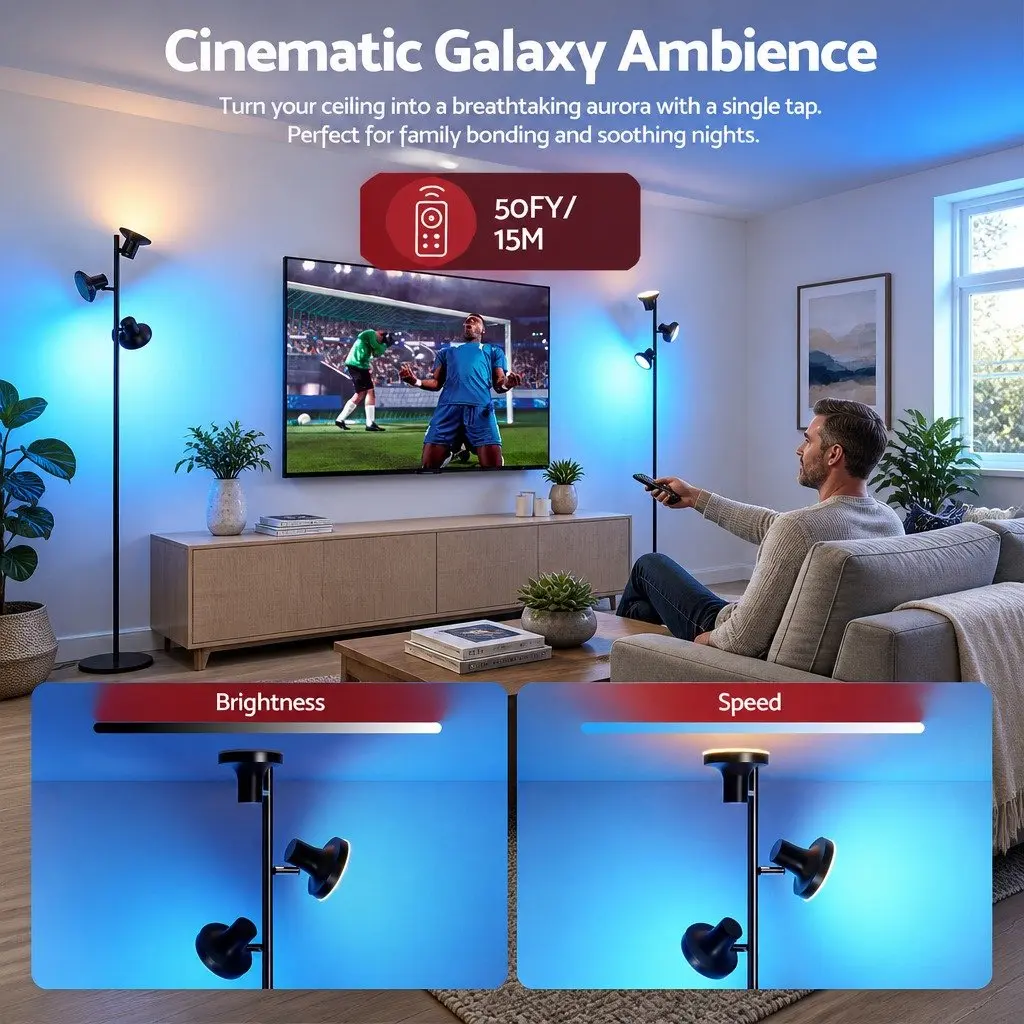 3-Head RGB LED Floor Lamp Black 1685mm Adjustable Heads Remote Control Color Changing Dimmable