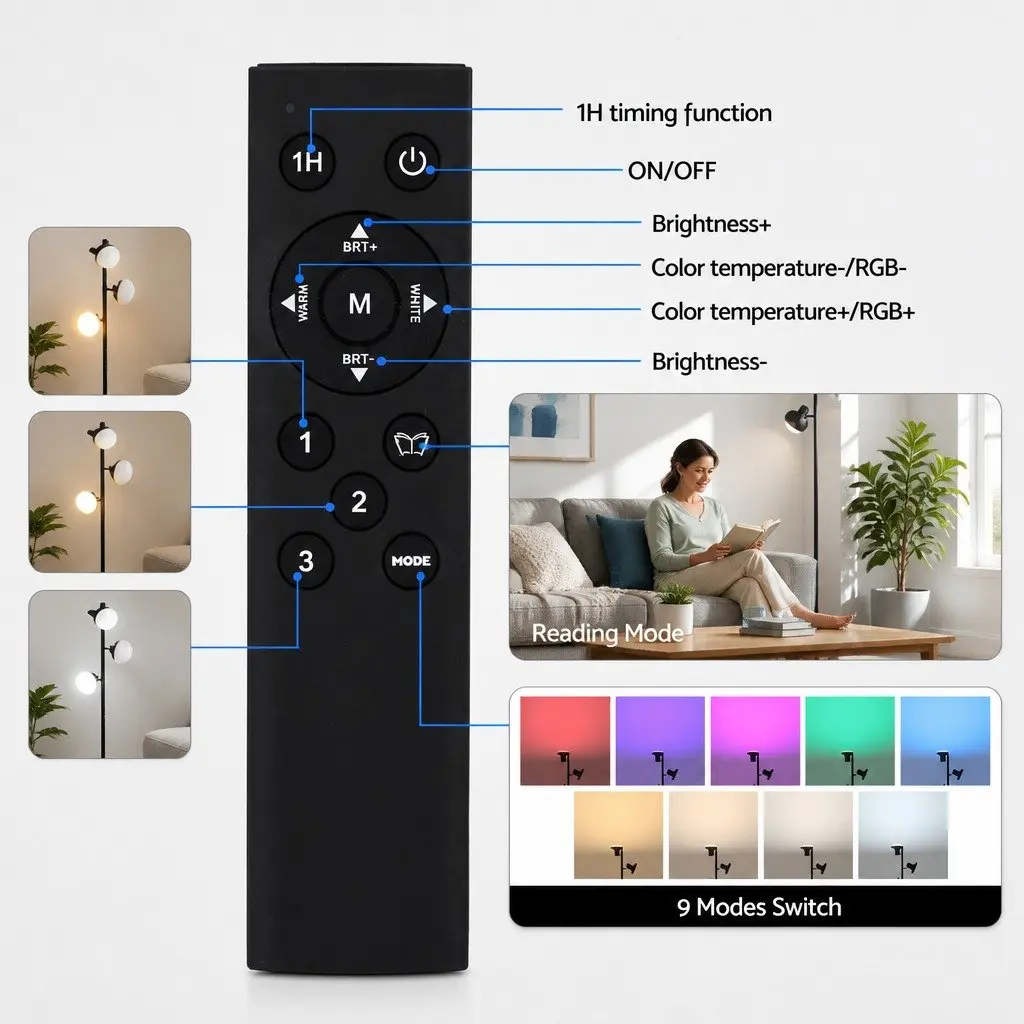 3-Head RGB LED Floor Lamp Black 1685mm Adjustable Heads Remote Control Color Changing Dimmable