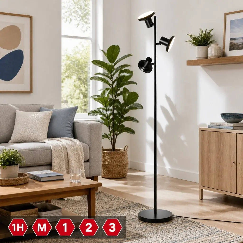 3-Head RGB LED Floor Lamp Black 1685mm Adjustable Heads Remote Control Color Changing Dimmable