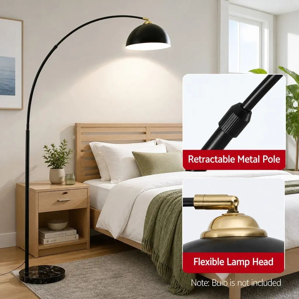 Arched Floor Lamp Black 167cm Adjustable Height Marble Base Reading Task Light