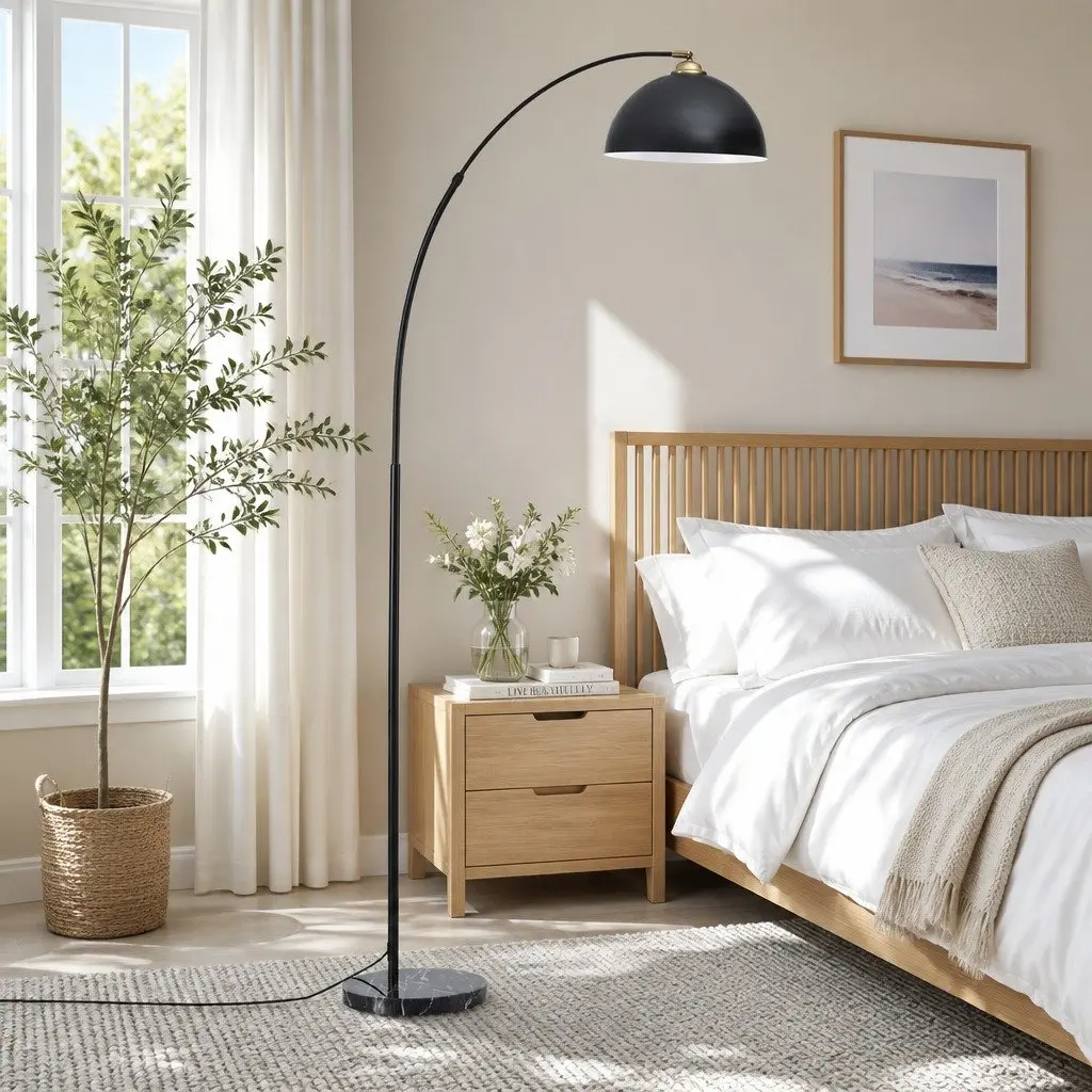 Arched Floor Lamp Black 167cm Adjustable Height Marble Base Reading Task Light