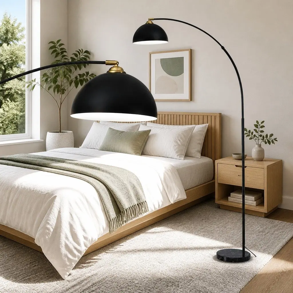 Arched Floor Lamp Black 167cm Adjustable Height Marble Base Reading Task Light