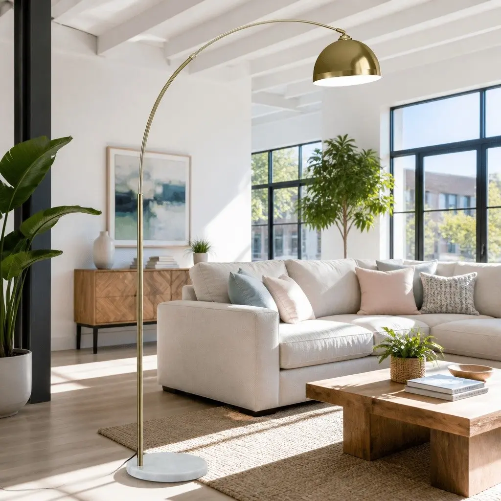 Modern Arched Floor Lamp Gold Standing Reading Light Marble Base Living Room
