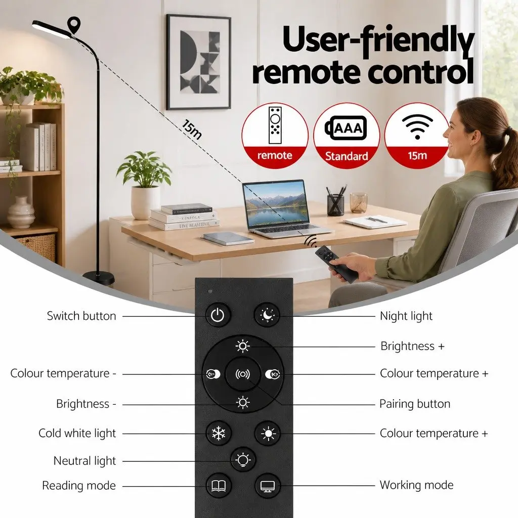 LED Floor Lamp Black 174cm Remote Control Adjustable Gooseneck 4 Colour Temperature