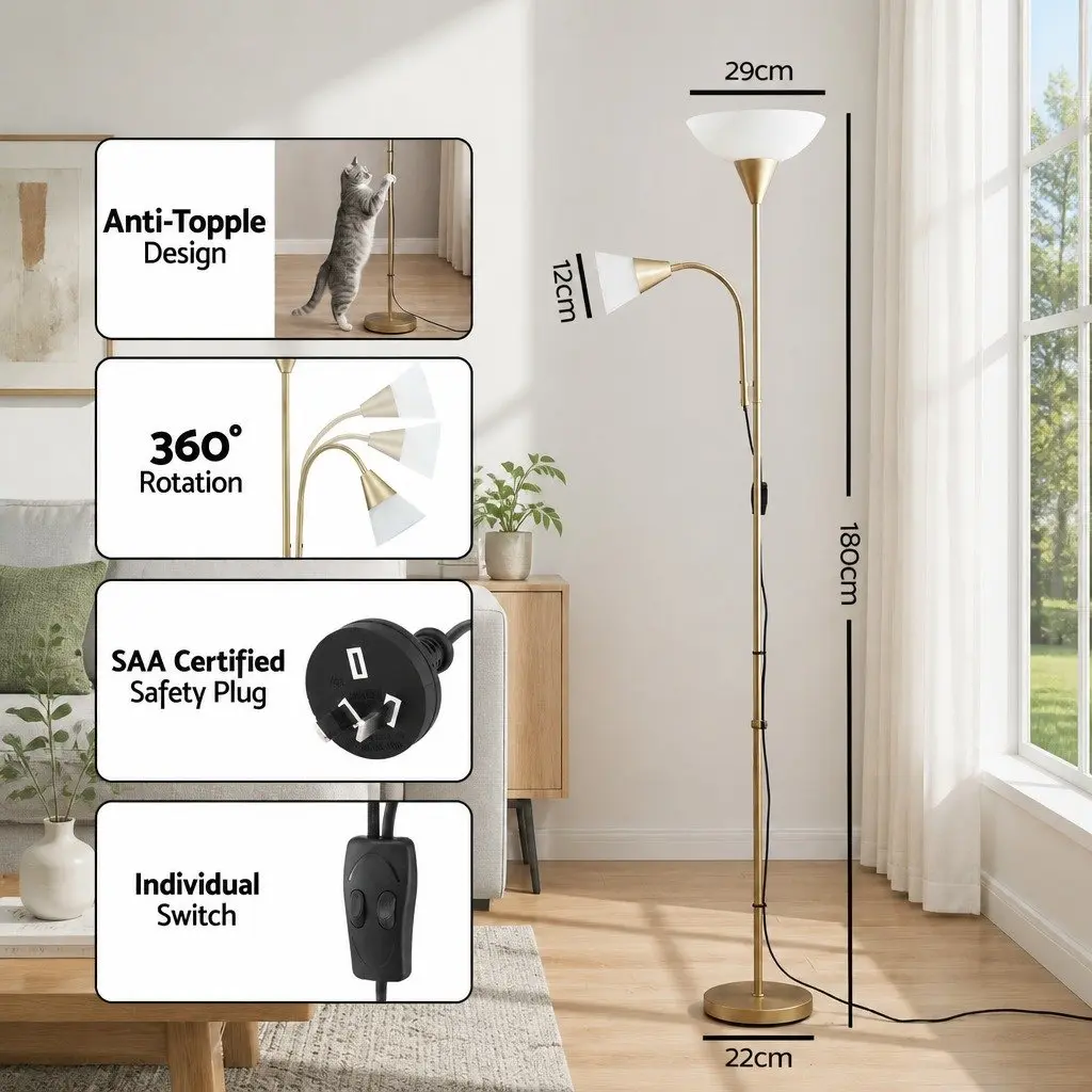 Gold Floor Lamp with Reading Light Adjustable Gooseneck Dual Head Standing Lamp